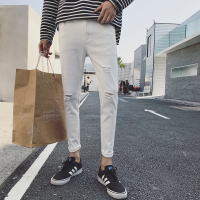 BaLuoShang膝盖破洞牛仔裤男八分裤修身韩版潮流乞丐弹力九分小脚紧身9分裤8牛仔裤