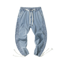 BaLuoShang净化眼球自制阔腿牛仔裤男直筒宽松可束脚裤腰果花潮牌工装九分裤牛仔裤