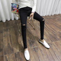 BaLuoShang韩版显瘦黑色九分裤男时尚简约修身膝盖破洞小脚牛仔裤男长裤潮流牛仔裤