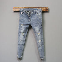 BaLuoShang社会精神小伙九分破洞牛仔裤男士潮流百搭时尚韩版修身小脚裤潮男牛仔裤