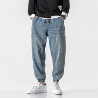 BaLuoShang松紧腰系绳牛仔长裤男2020秋冬潮牌宽松大码哈伦裤潮流痞帅束脚裤牛仔裤