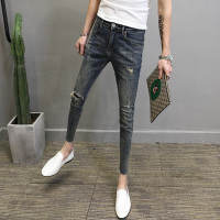BaLuoShang破洞牛仔九分裤男复古修身小脚韩版流行不规则裤脚边青年铅笔裤子牛仔裤