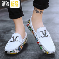新款时尚休闲鞋男真皮头层豆豆鞋男士潮流迷彩个性皮鞋韩版懒人鞋  广赫