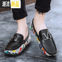 迷彩个性男鞋2019真皮豆豆鞋男韩版百搭潮流懒人鞋子秋季休闲皮鞋  广赫