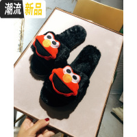 韩国设计师款卡通毛绒居家拖鞋女士可爱马卡龙保暖棉拖鞋笑脸拖鞋  广赫