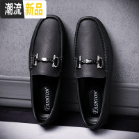休闲皮鞋秋季豆豆鞋男鞋真皮英伦懒人鞋透气潮流百搭纯黑驾车鞋子  广赫