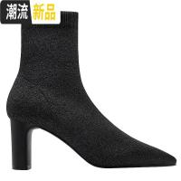 靴子女2019秋款潮尖头高跟鞋瘦瘦靴弹力靴ins粗跟短靴针织袜子靴  广赫
