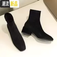 网红2019新款春秋单靴中跟粗跟方头弹力靴瘦瘦靴马丁靴女短靴袜靴  广赫