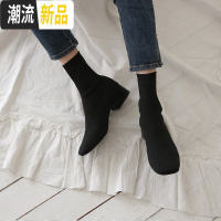 方头粗跟弹力短靴女2019冬季新款针织毛线加绒袜靴百搭网红瘦瘦靴  广赫