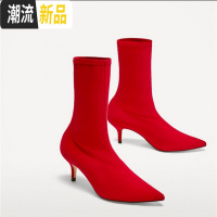 网红瘦瘦靴弹力短靴2019新款春秋款单靴中筒高跟尖头细跟袜子靴女  广赫