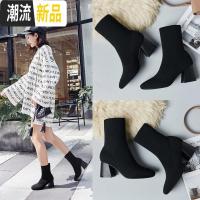 2019秋季新款中筒高跟弹力靴黑色圆头瘦腿针织袜子粗跟裸靴女 广赫靴子