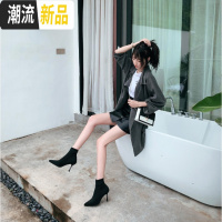 袜子靴短靴女春秋单靴中筒高跟鞋细跟尖头冬弹力袜靴瘦瘦靴马丁靴  广赫