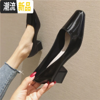2020新款复古简约百搭浅口方头中跟单鞋粗跟女鞋子OL职业通勤鞋潮 广赫
