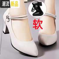 中年妈妈鞋软底女舒适真皮单鞋高跟防滑上班工作鞋女黑色皮鞋粗跟 广赫