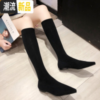长靴女2019秋季新款韩版百搭平底袜子靴尖头网红弹力高筒靴瘦瘦靴  广赫