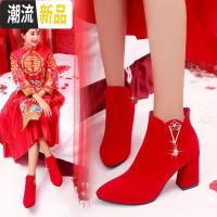 冬季婚鞋女2019新款红色新娘结婚鞋高跟粗跟中式秀禾孕妇红鞋短靴 广赫高帮鞋