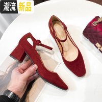 婚鞋女2019新款新娘鞋方头红秀禾结婚鞋红色中跟单鞋女粗跟高跟鞋 广赫