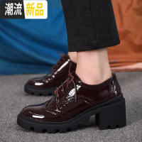 小皮鞋女英伦2020年早春新款漆皮花系带布洛克高跟鞋女粗跟单鞋 广赫