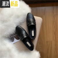 复古英伦风小皮鞋韩版方头平底单鞋休闲乐福鞋懒人豆豆鞋黑色单鞋 广赫