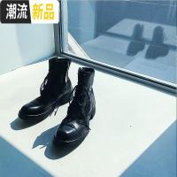村姑新款机车靴女粗跟马丁靴女系带复古方头高跟短靴女受伤的  广赫