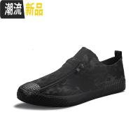男鞋2020春季新款潮鞋韩版潮流百搭绿色迷彩帆布鞋一脚蹬懒人板鞋  广赫