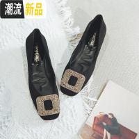 粗跟单鞋浅口女鞋裸色水钻中跟高跟鞋春秋圆头单鞋黑色 广赫