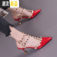 欧美2020春秋新款铆钉细跟尖头中跟高跟鞋女T型搭扣猫跟鞋6cm凉鞋 广赫