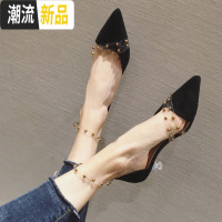 2020春季法式少女高跟鞋细跟尖头一字带透明包头凉鞋仙女单鞋中跟 广赫