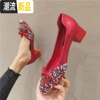 婚鞋女2020春季新款新娘鞋结婚亮片水晶鞋高跟鞋粗跟伴娘鞋大码女 广赫