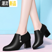 2019新款春秋粗跟女鞋水钻时尚中跟女单鞋工作女士皮鞋圆头高跟鞋 广赫