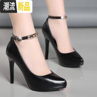 真皮细跟高跟鞋女黑色一字扣带单鞋防水台职业工作鞋旗袍上班皮鞋 广赫