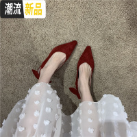 气质名媛通勤款上班族尖头浅口绒面后脱卸蝴蝶结中跟OL单鞋低帮鞋 广赫