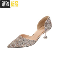 网红包头凉鞋女细跟2020新款韩版中跟尖头亮片结婚新娘鞋中空单鞋 广赫
