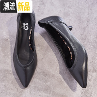 中跟单鞋女2020春季新款百搭浅口春鞋工作鞋尖头小跟真皮低跟女鞋 广赫