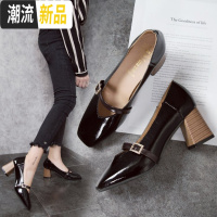 新款粗跟方头复古豆豆鞋单鞋奶奶鞋英伦风百搭中跟浅口小皮鞋女鞋 广赫