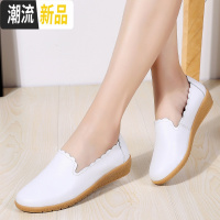 春真皮豆豆鞋女单鞋平底女鞋妈妈鞋一脚蹬懒人鞋孕妇鞋白色护士鞋 广赫