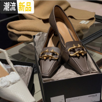 乐福小方头单鞋女春秋新款复古真皮金属扣细跟中跟百搭高跟猫跟鞋 广赫