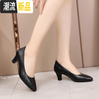 工作鞋女黑色职业鞋真皮中跟浅口单鞋不累脚白领酒店上班空姐皮鞋 广赫