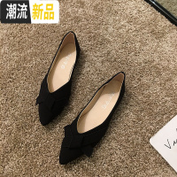 名媛风单鞋女2019秋款秋季尖头浅口蝴蝶结平底豆豆百搭奶奶鞋 广赫