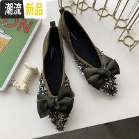 尖头单鞋女2020春季新款百搭浅口平底软底豆豆瓢鞋亮片蝴蝶结女鞋 广赫