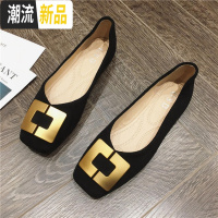 ins网红黑色平底单鞋女2020春秋新款方扣豆豆鞋时尚百搭大码瓢鞋 广赫