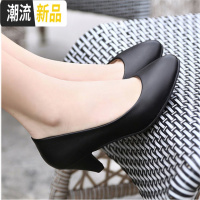 软皮工作鞋四季春秋单鞋女舒适防滑黑色皮鞋上班粗跟高跟女鞋大码 广赫