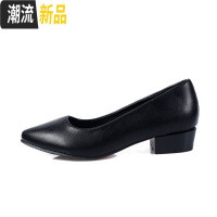 工作鞋女黑色职业正装中跟尖头皮鞋舒适防滑粗跟单鞋酒店上班鞋 广赫