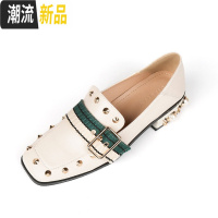 粗跟单鞋女2020秋款铆钉小皮鞋韩版时尚百搭方头懒人珍珠跟乐福鞋 广赫