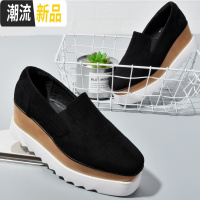 春秋松糕鞋厚底方头绒面坡跟豹纹单鞋乐福鞋一脚蹬懒人鞋增高女鞋 广赫