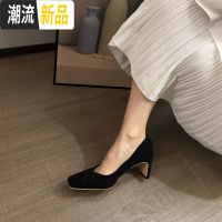 单鞋女2020新款高跟鞋婚鞋粗跟舒适中跟方头女浅口百搭气质职业装 广赫