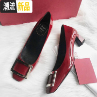 欧洲站2020新款方扣单鞋女高跟鞋小方头粗跟香蕉跟大红色中跟婚鞋 广赫