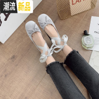 岛屿少女与芭蕾舞仙女鞋浅口方头单鞋中跟绑带蝴蝶结粗跟玛丽珍鞋  广赫