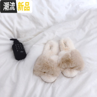 秋冬北欧简约拼色兔绒家居拖鞋室内防滑鱼口毛绒居家鞋轻奢女ins  广赫
