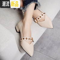 尖头玛丽珍鞋粗跟2020春款中跟浅口一脚蹬两穿鞋子百搭V口女单鞋 广赫